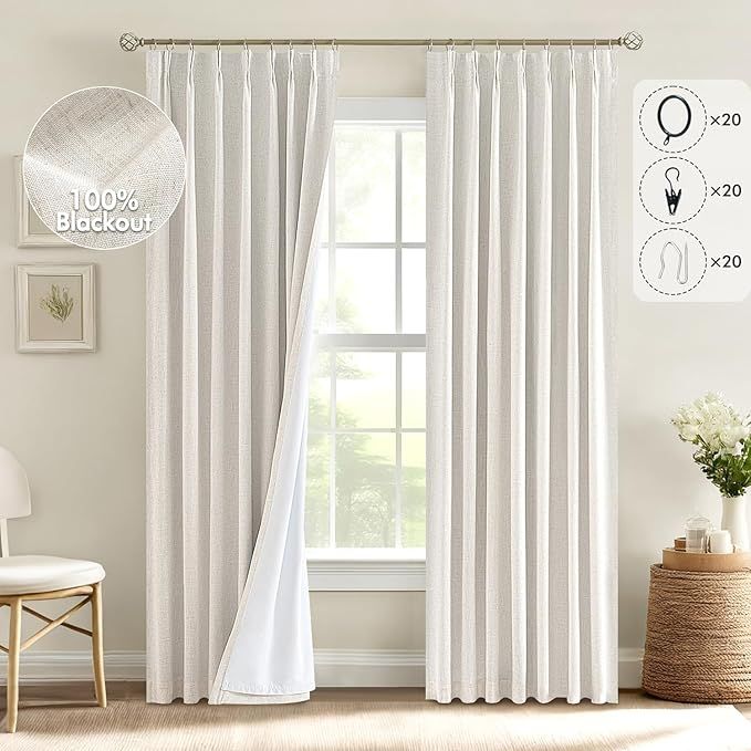 MIULEE Natural Pinch Pleated 100% Blackout Linen Curtains for Bedroom, Room Darkening Light Block... | Amazon (US)