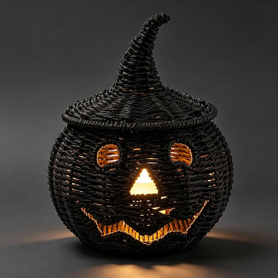 Black Handwoven Seagrass Pumpkin Jack-O-Lantern for Spooky Halloween Candy Storage, Rattan Pumpki... | Amazon (US)