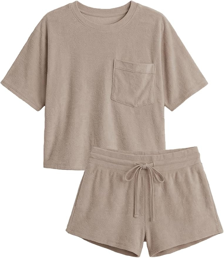 Womens 2 Piece Lounge Set Soft Short Sleeve Top and Drawstring Shorts for Summer | Amazon (US)