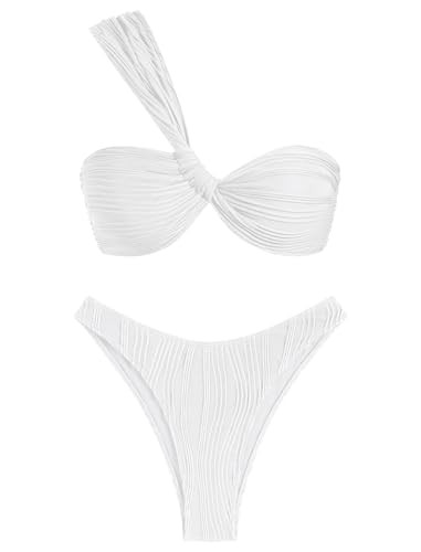 ZAFUL Women's One Shoulder Bikini Twisted Ruched High Cut Bandeau Bikini Set Two Piece Swimsuit | Amazon (US)