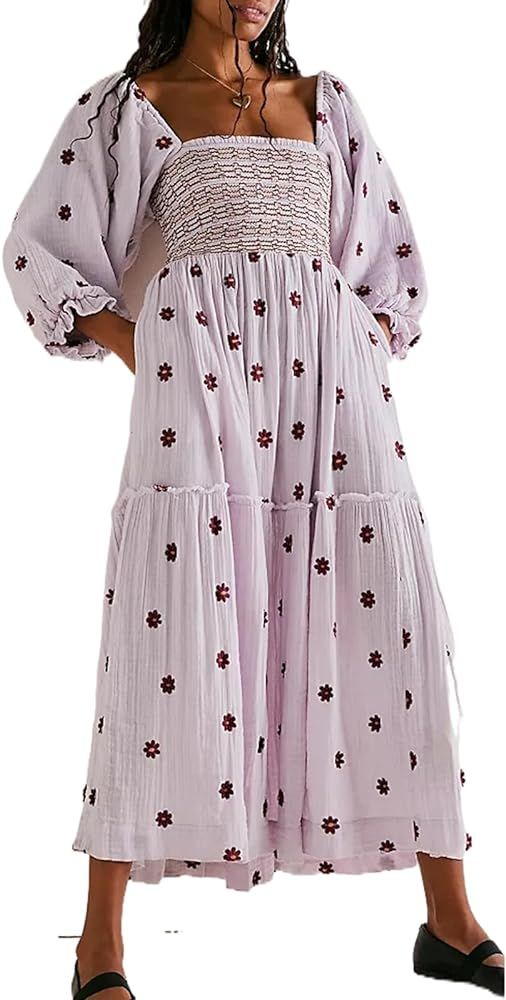 Women's Flower Embroidered Maxi Dress Lantern Sleeve Square Neck Tiered Flowy Spring Fall Dress | Amazon (US)