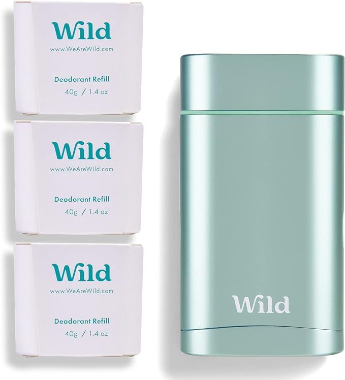 Wild - Natural Refillable Deodorant - Aluminium Free - Aqua Case with 3 x Fresh Cotton & Sea Salt... | Amazon (UK)