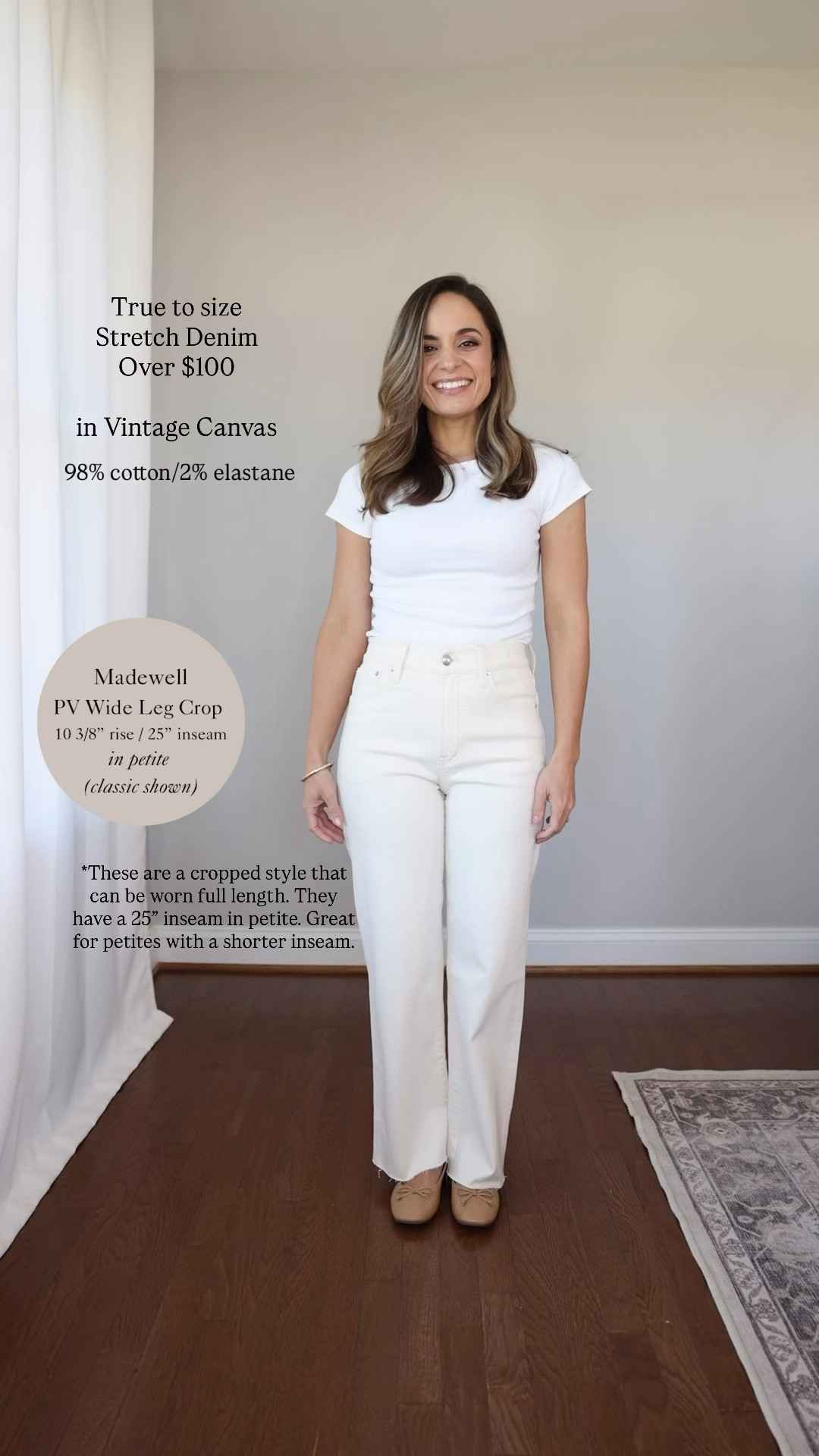 I share a lot of petite-friendly wide leg jeans. Here is a comparison of my top five. 

Madewell PV Crop Wide Leg: classic 24 / 10 3/4” rise / 27” inseam (petite 10 3/8” rise / 25” inseam) 

Top: xs

For size comparison, I’m 4’10” 105lbs. My measurements are 32”, 24”, 36”. I typically wear petite xxs/00/24 and have a 25” ankle inseam and a 27.5-28” full length inseam.

#LTKPetite