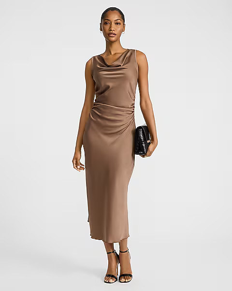 Satin Cowl Neck Sleeveless Ruched Midi Dress | Express