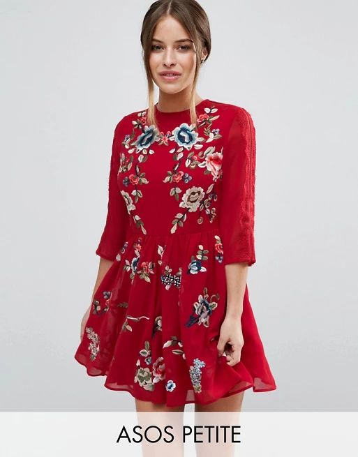 ASOS PETITE PREMIUM Mini Skater Dress with Floral Embroidery | ASOS US