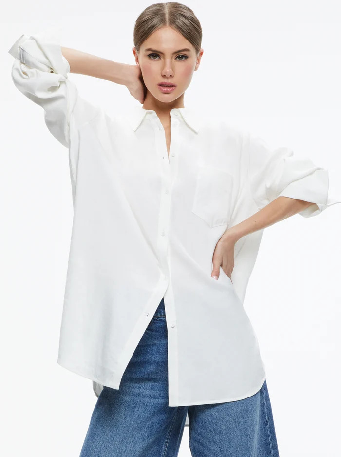 FINELY OVERSIZED LINEN BUTTON DOWN SHIRT | Alice + Olivia