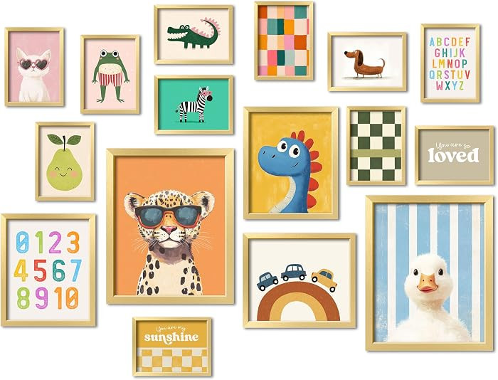 16 PCS Kids Wall Art Decor, Baby Girl & Boy Nursery Decor, Toddler Room Bedroom Playroom Decor, C... | Amazon (US)