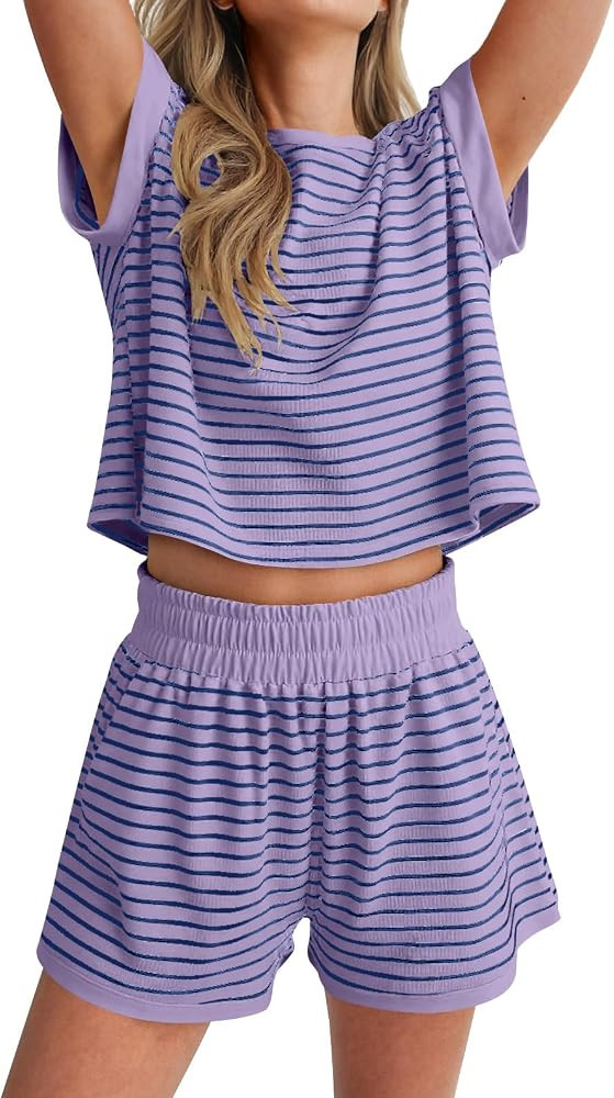 ANRABESS Womens 2 Piece Ribbed Striped Knit Pajama Set, Short Sleeve Top & Lounge Shorts, Casual ... | Amazon (US)