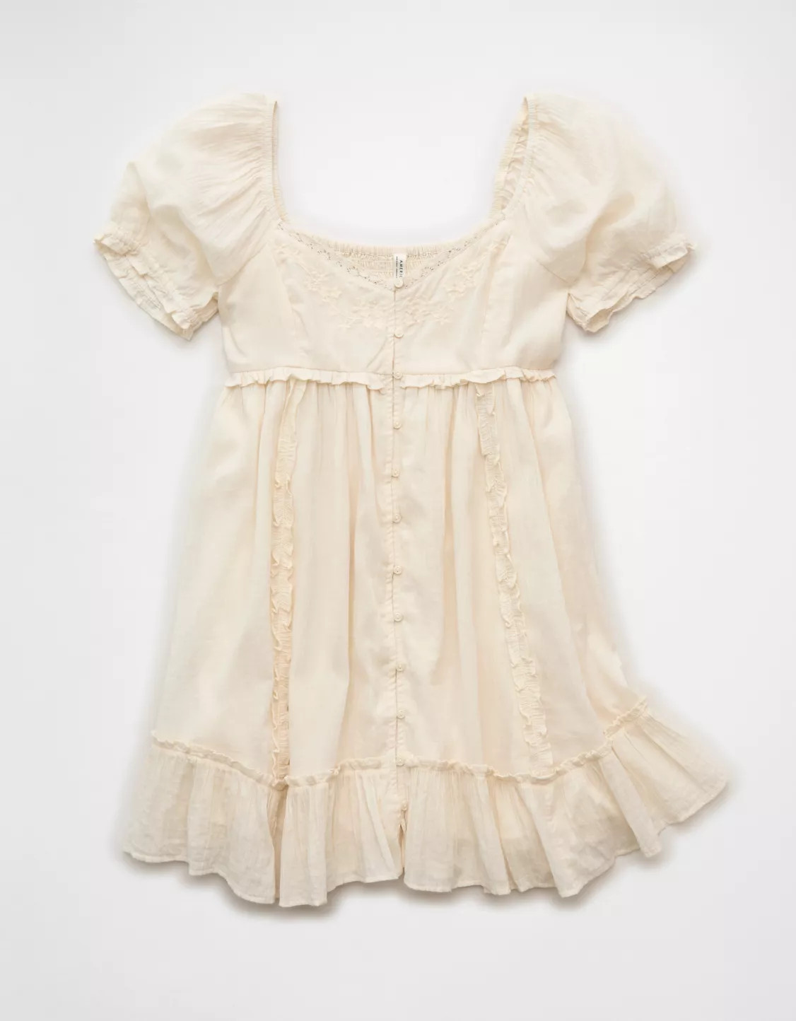 AE Babydoll Puff-Sleeve Embroidered Mini Dress | American Eagle Outfitters (US & CA)