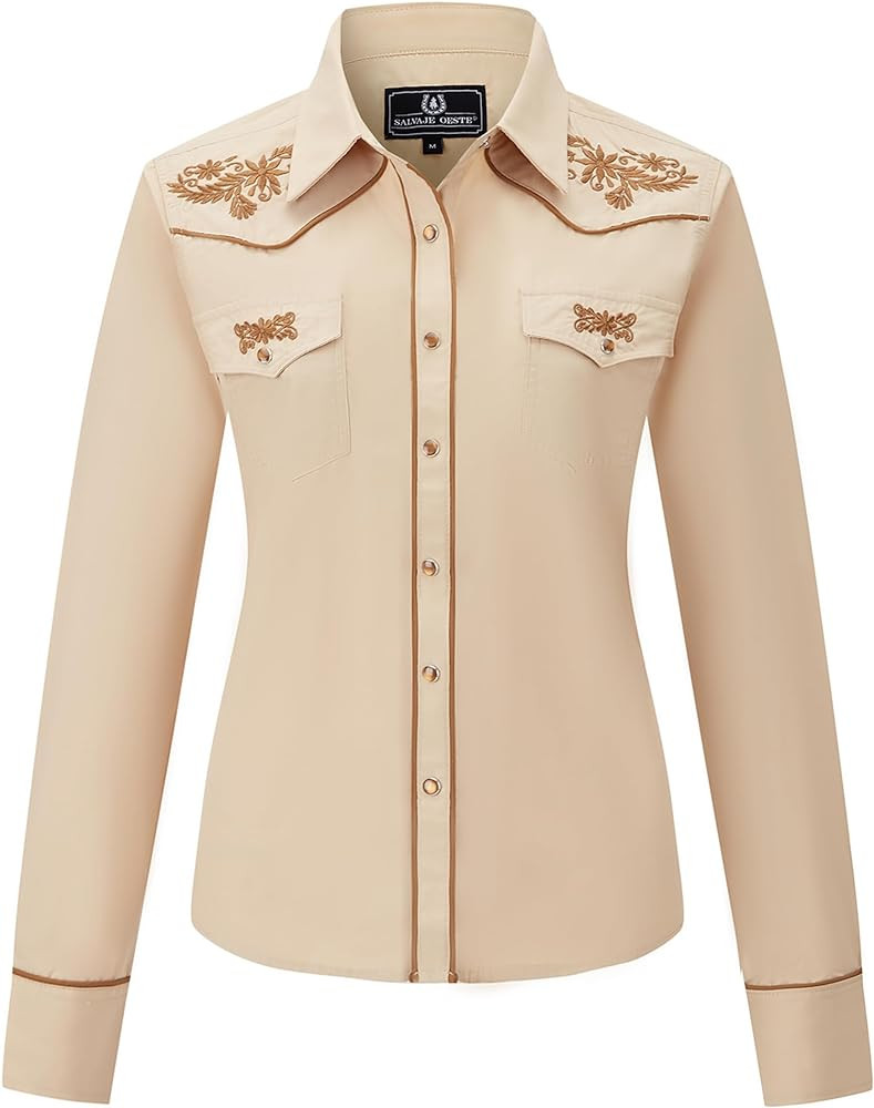 Women's Embroidered Western Cowboy Snap Front Long Sleeve Button Down Shirt | Amazon (US)