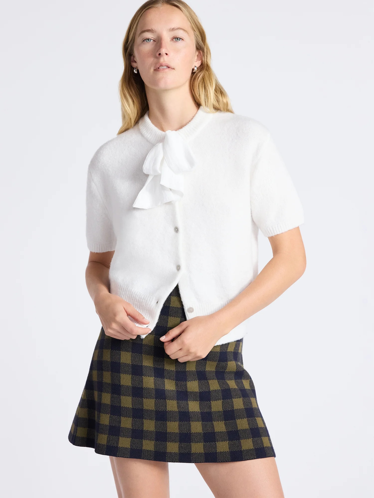 Free Assembly Women's Button-Front Bow Sweater with Short Sleeves, Midweight, Sizes XS-XXL | Walmart (US)