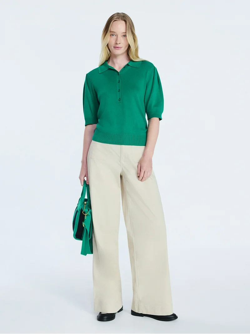 Free Assembly Women's Collared Sweater Tee with Puff Sleeves, Lightweight, Sizes XS-XXL | Walmart (US)