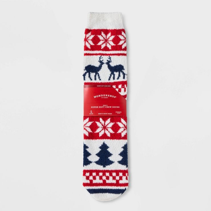 Men's Fairisle Deer Cozy Crew Socks with Gift Card Holder - Wondershop™ White/Red 6-12 | Target