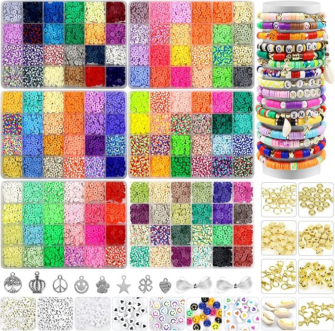 BIBOKLTIY 144 Colors 15000PCS Clay Beads for Bracelets Making Kit, 6mm Flat Round Clay Heishi Bea... | Amazon (US)