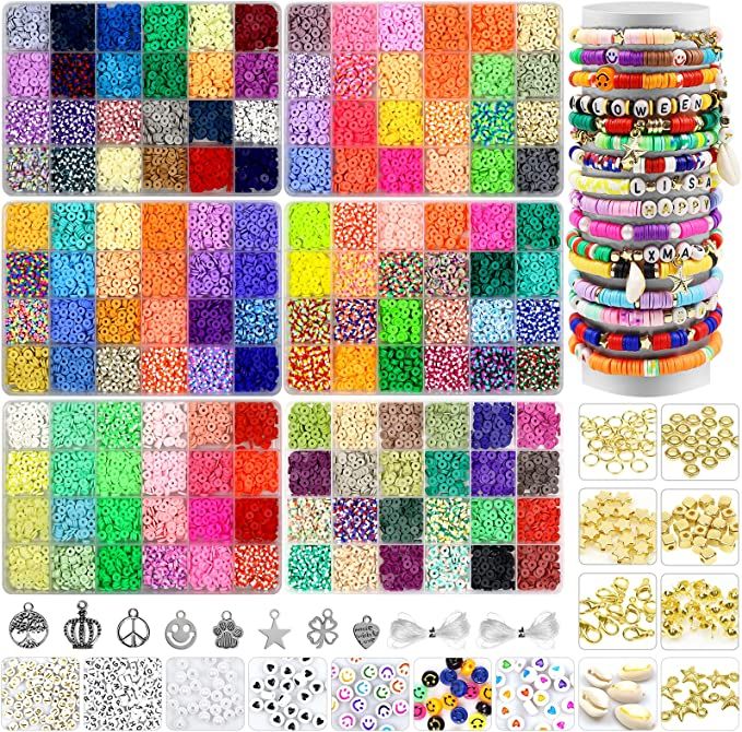 BIBOKLTIY 144 Colors 15000PCS Clay Beads for Bracelets Making Kit, 6mm Flat Round Clay Heishi Bea... | Amazon (US)