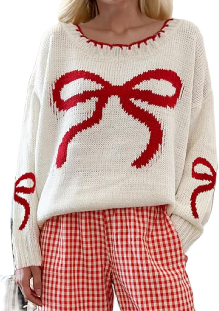Womens Bow Sweater Y2k Long Sleeve Crew Neck Knitted Pullover Sweaters Vintage Oversized Aestheti... | Amazon (US)