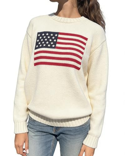 American Flag Sweater for Women Striped Star Sweaters USA Sweatshirt Patriotic Knitted Loose Pullover Top(Apricot,L) | Amazon (US)