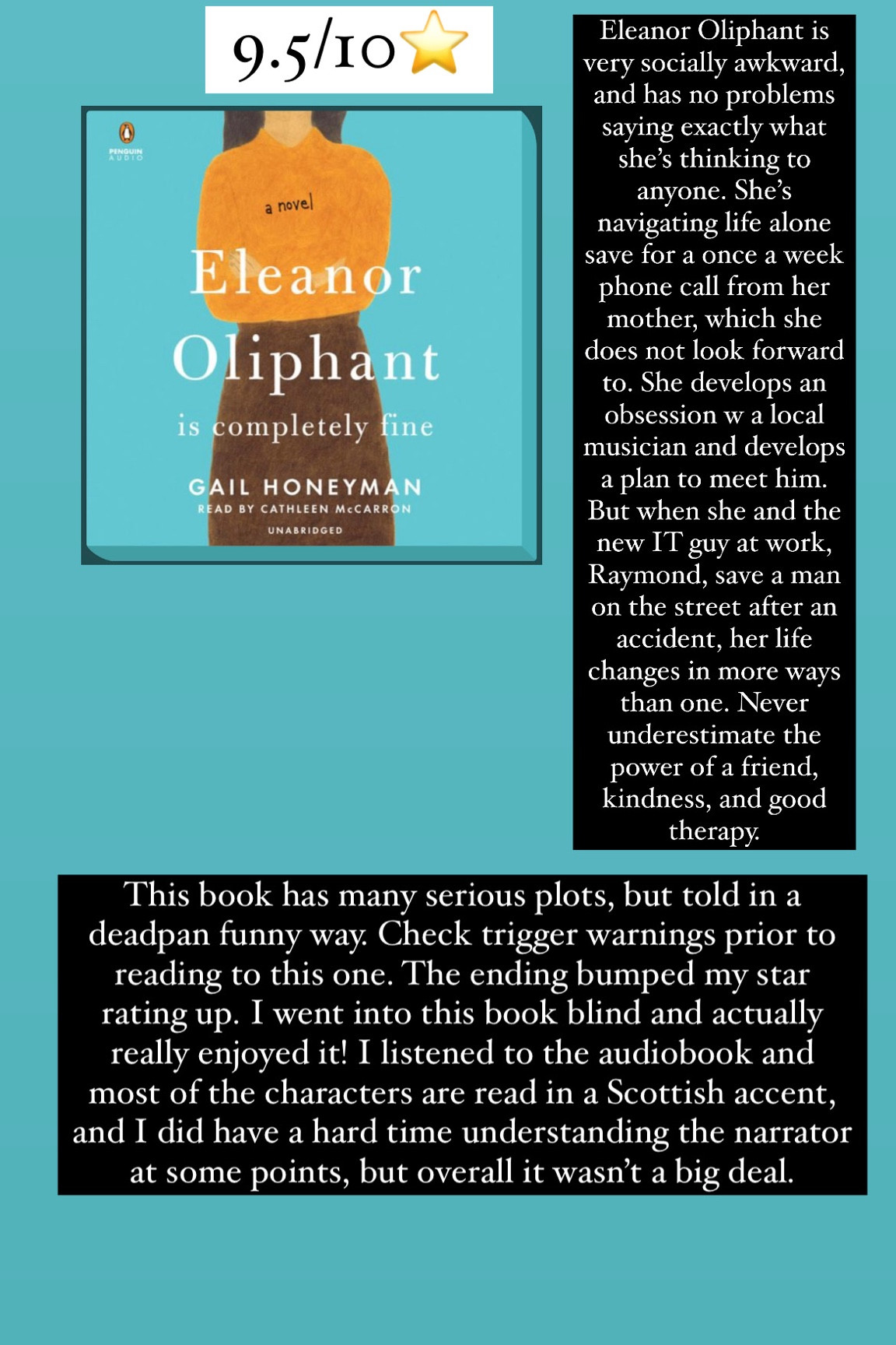 58. Eleanor Oliphant is Completely Fine by Gail Honeyman :: 9.5/10⭐️ Eleanor Oliphant is very socially awkward, and has no problems saying exactly what she’s thinking to anyone. She’s navigating life alone save for a once a week phone call from her mother, which she does not look forward to. She develops an obsession w a local musician and develops a plan to meet him. But when she and the new IT guy at work, Raymond, save a man on the street after an accident, her life changes in more ways than one. This book has many serious plots, but told in a deadpan funny way. Check trigger warnings prior to reading to this one. Never underestimate the power of a friend, kindness, and good therapy. The ending bumped my star rating up. I went into this book blind and actually really enjoyed it! I listened to the audiobook and most of the characters are read in a Scottish accent, and I did have a hard time understanding the narrator at some points, but overall it wasn’t a big deal. 

book / thrillers / romance / travel book / good reads / booktok books / book recommendations / on my bookshelf / kindle books / audio books / kindle girlie / kindle unlimited / amazon books / amazon reads / amazon readers / reading / reading must haves / trending books / kindle accessories / books accessories / books

#LTKtravel #LTKhome