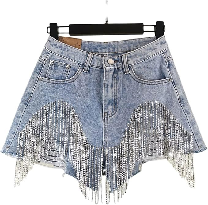 JYAOVO Women's Summer European Rhinestone Diamond Tassels Denim Shorts High Waist Jeans Shorts wi... | Amazon (US)