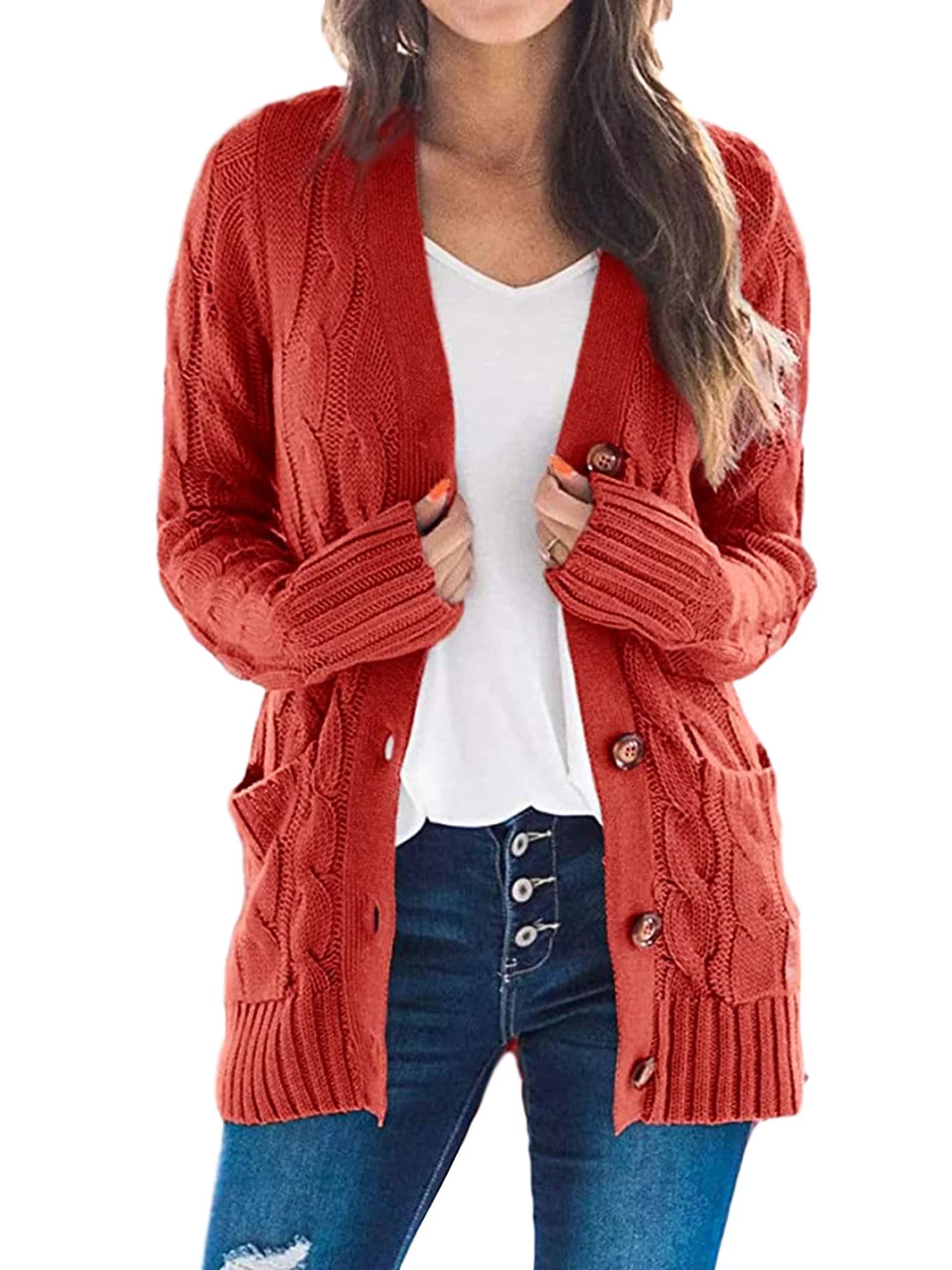 Selfieee Women's Long Sleeve Open Front Pocket Cardigan Buttons Down Cable Knit Sweater 20352 Bur... | Walmart (US)