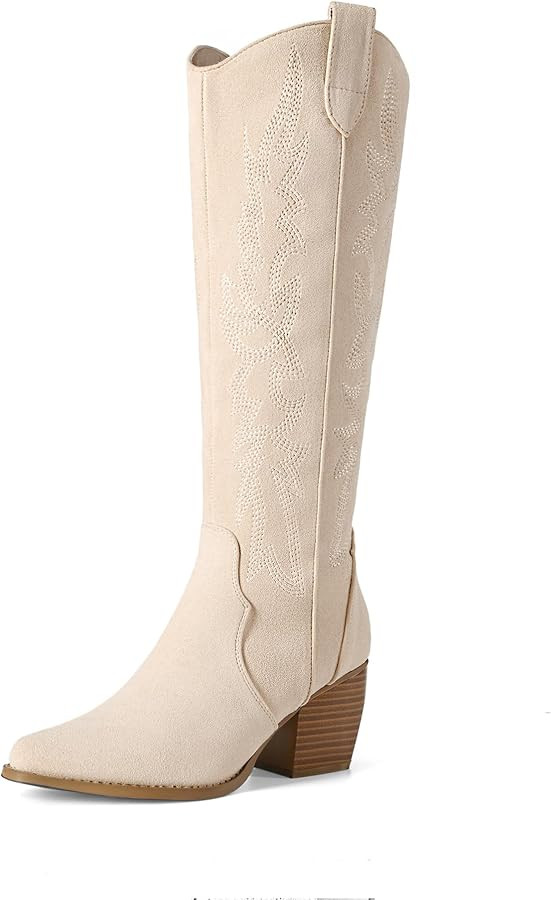 DREAM PAIRS Womens Cowboy Boots Wide Calf Comfortable Pull On Zipper Chunky Heel Pointed Toe Embr... | Amazon (US)