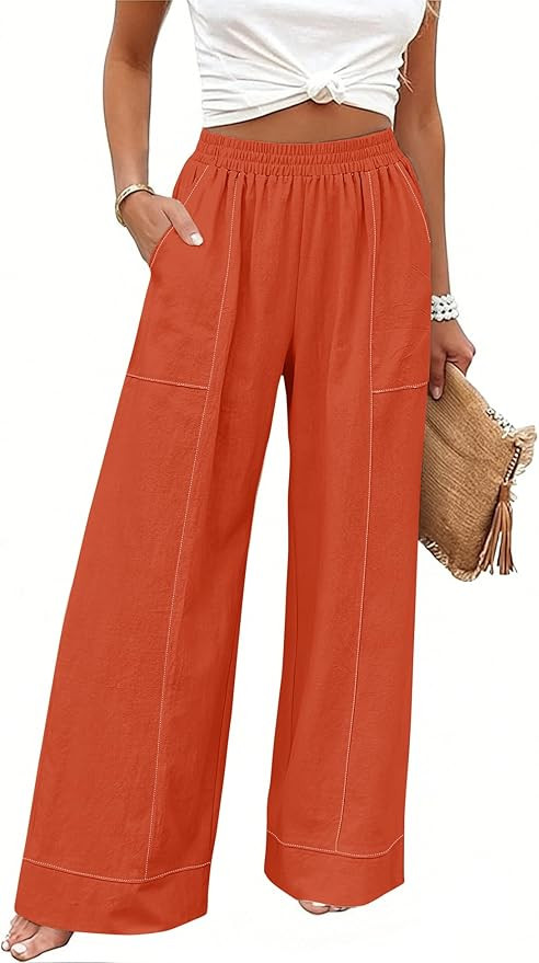 Rapbin Womens Elastic Waist Palazzo Pants Casual Wide Leg Pant Baggy Lounge Trousers with Pockets | Amazon (US)