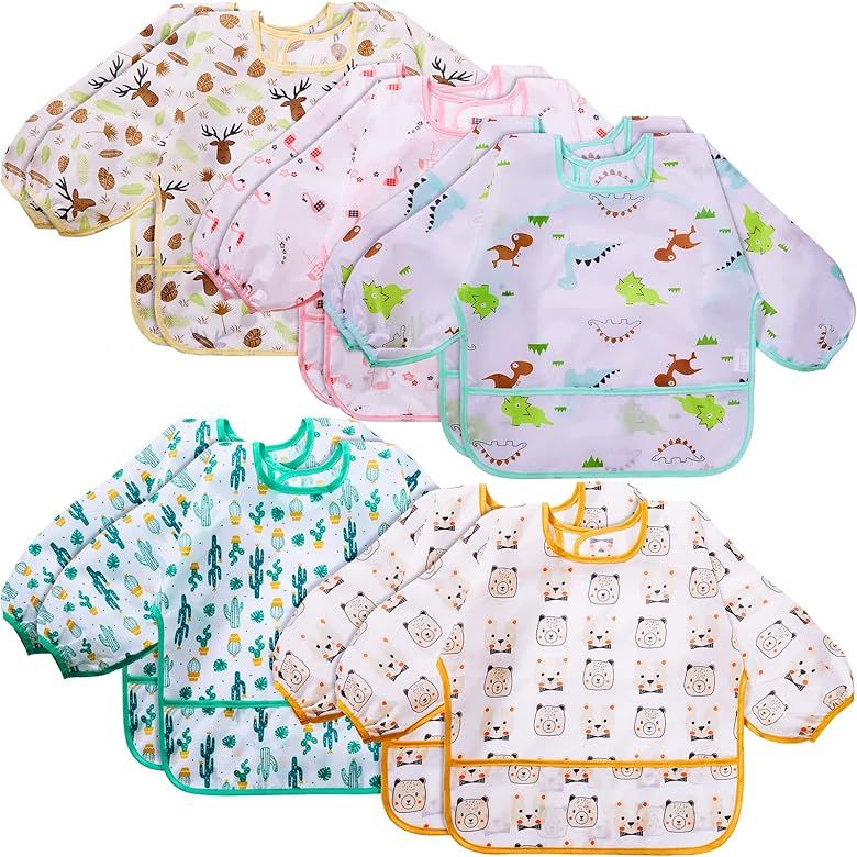 Amazon.com: 10 Pack Long Sleeve Bibs for Babies Waterproof Baby Bibs with Sleeves Long Sleeve Bib... | Amazon (US)