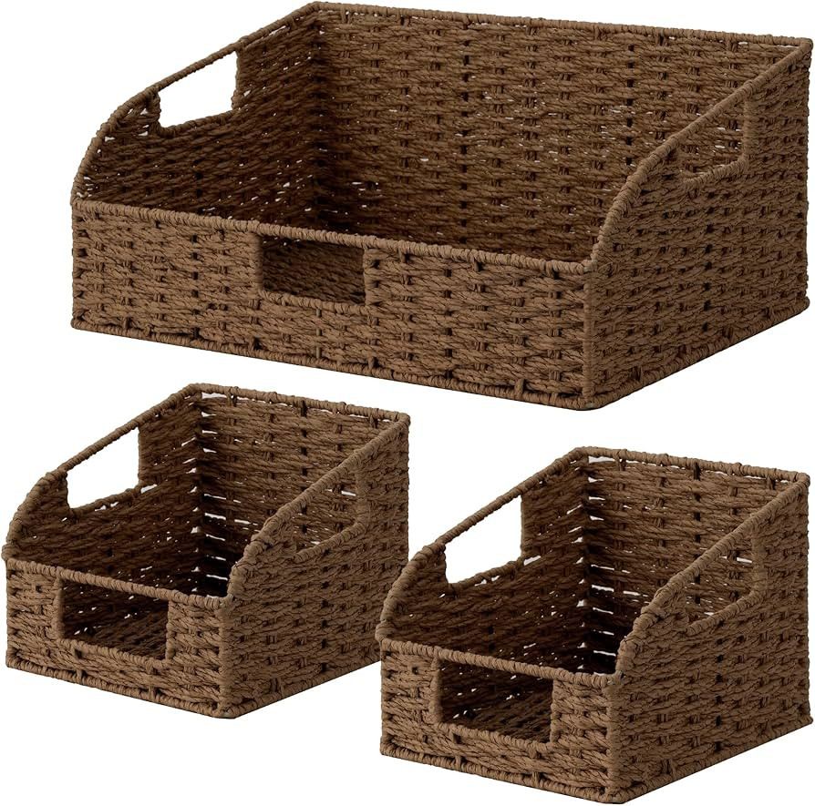 StorageWorks Paper Rope Pantry Storage Baskets, Wicker Baskets with Built-in Handles, Handwoven S... | Amazon (US)