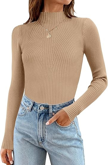 ZESICA Women's 2024 Fall Long Sleeve Turtleneck T Shirt Ribbed Knit Sweater Slim Fit Basic Casual... | Amazon (US)