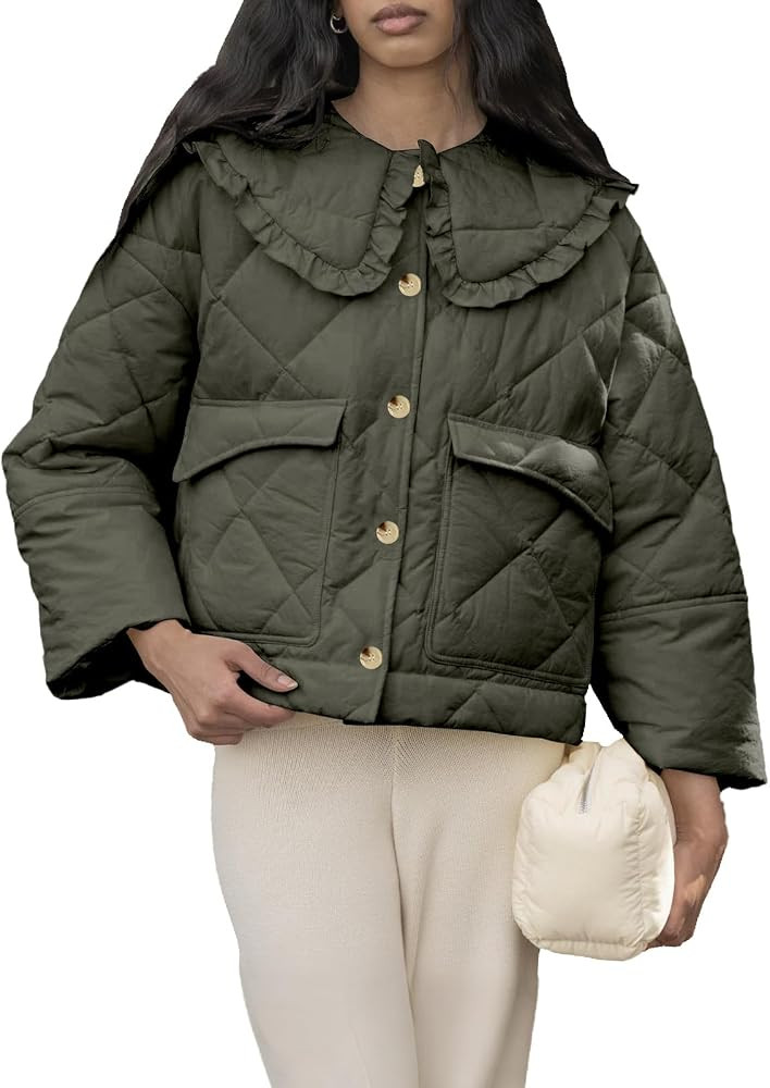 Womens Cropped Quilted Puffer Jackets Frilly Peter Pan Collar Button Down Lightweight Cream Cute ... | Amazon (US)