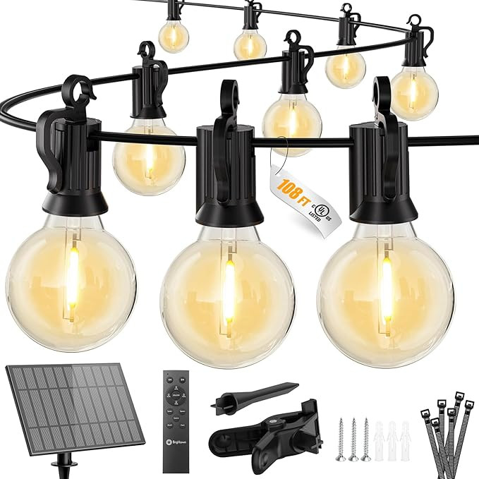 Brightown 108FT Solar String Lights Outdoor with Remote and 52 LED Shatterproof Bulbs, Dimmable &... | Amazon (US)