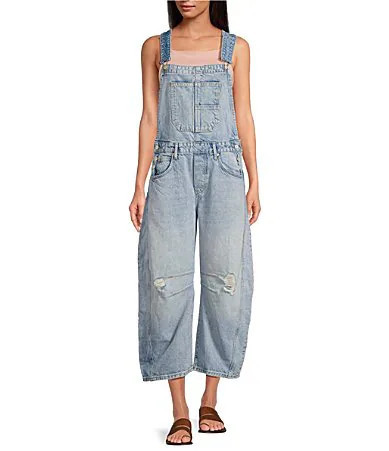Free People We The Free Good Luck Denim Square Neck Barrel Leg Overalls - L | Dillard's