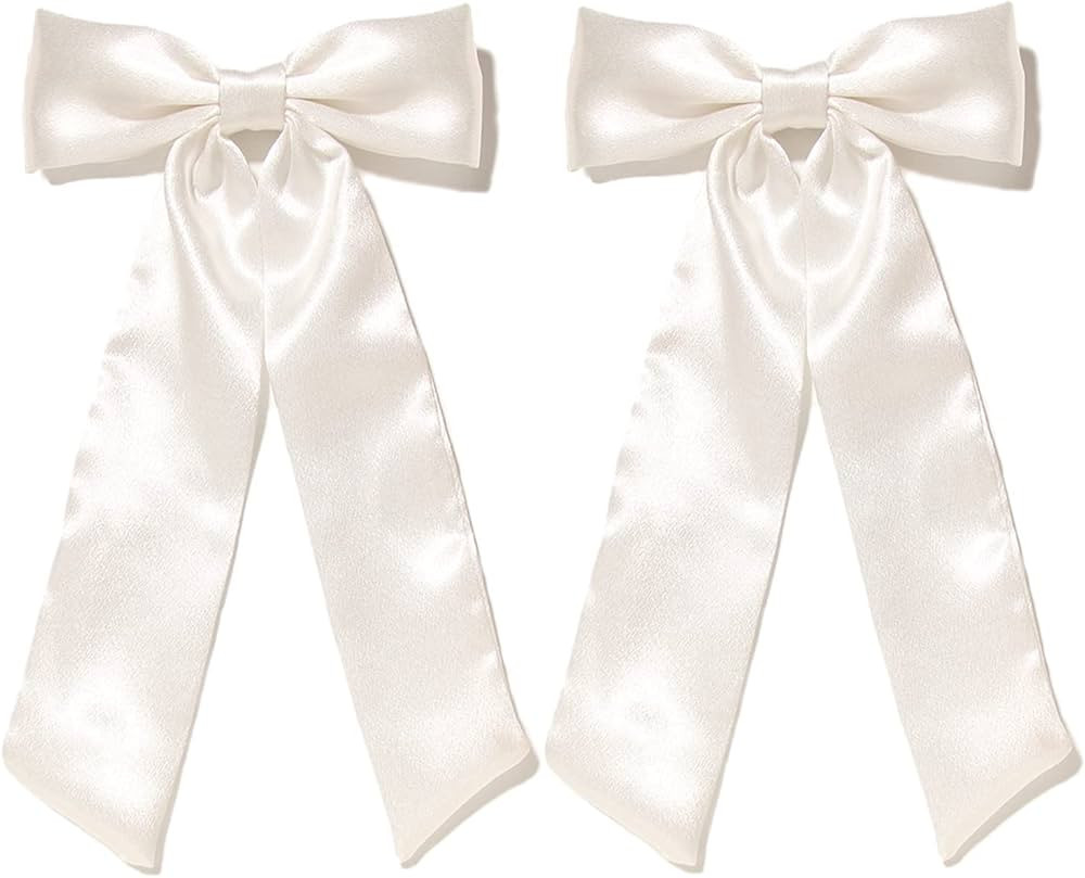 Furling Pompoms White Bow Hair Clips with Long Tail,2pcs Hair Ribbon Bows for Women Satin Bowknot... | Amazon (US)