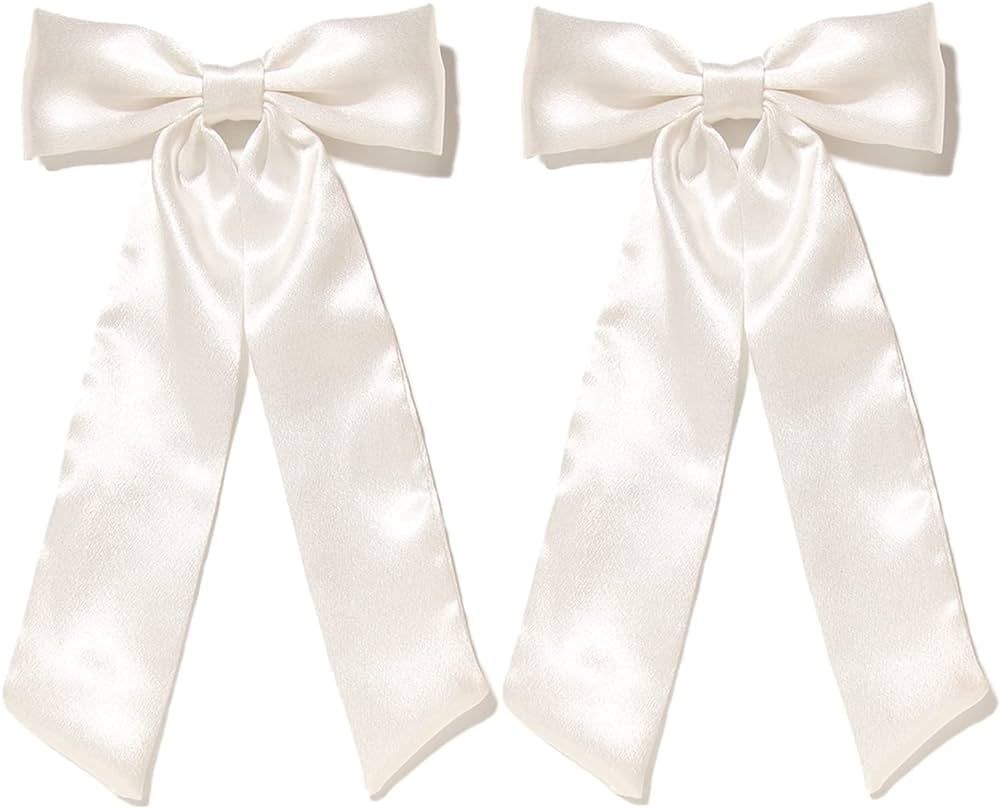 Furling Pompoms White Bow Hair Clips with Long Tail,2pcs Hair Ribbon Bows for Women Satin Bowknot... | Amazon (US)