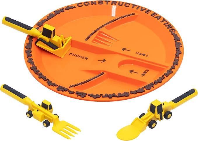 Plate and Utensils Set - USA-Made Toddler Dinnerware with Divided Plates (Construction) | Amazon (US)