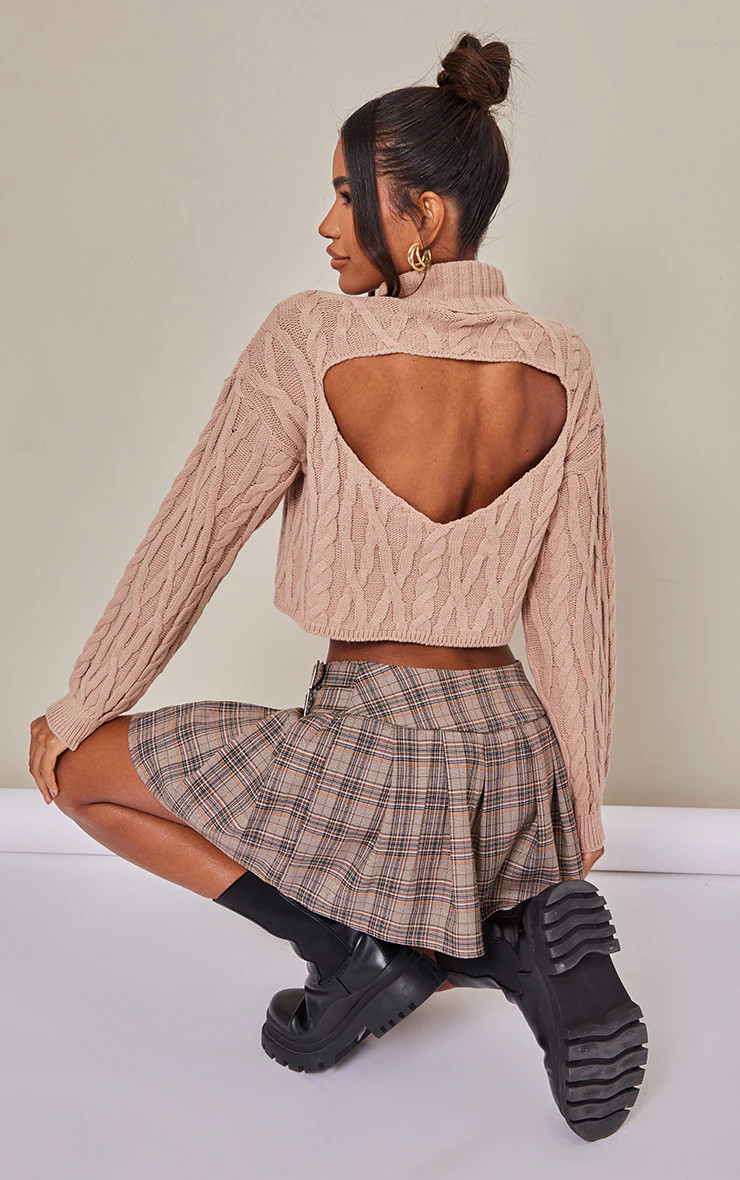 Taupe Cable Knit Open Back Roll Neck Sweater | PrettyLittleThing US