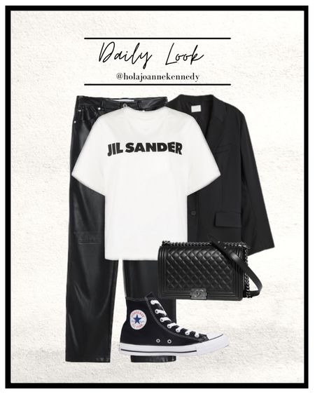 monochrome outfit, daily outfit ideas, weekday looks, black blazer outfit, leather trousers outfit, Jill sander tee, basic outfit idea, simple styling, easy outfit idea, black and white outfit idea, minimal outfit, converse outfit, black converse, Chanel boy 

#LTKeurope #LTKstyletip