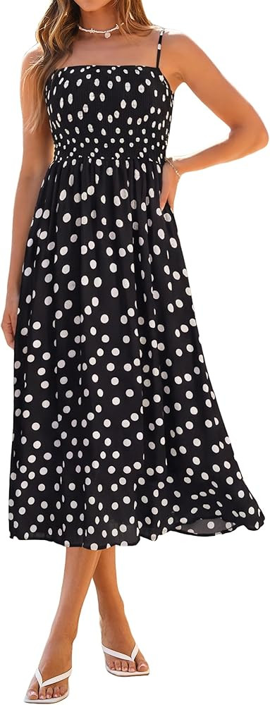 Simplee Womens Spaghetti Strap Maxi Dress Summer Casual Boho Smocked Flowy Long Sundress Beach Va... | Amazon (US)