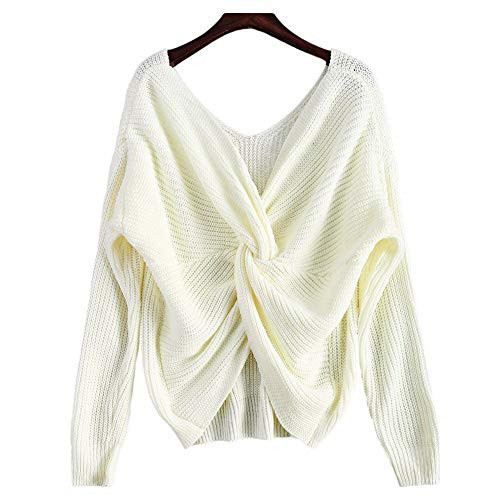 LifeShe V Neck Women Sweaters and Pullovers Twisted Back Jumpers (One Size, White) | Amazon (US)