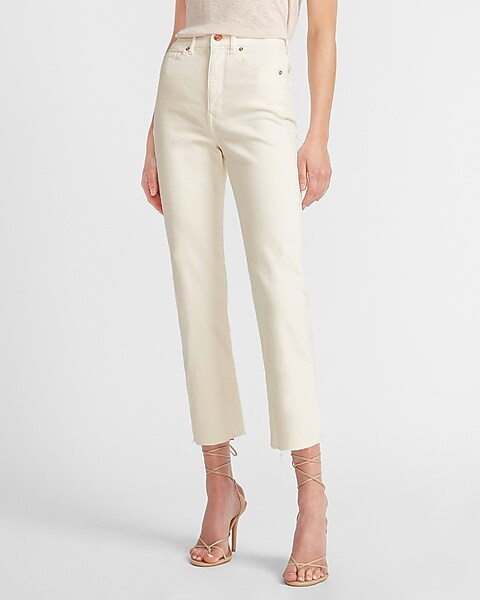 Super High Waisted Off-White Raw Hem Straight Jeans | Express