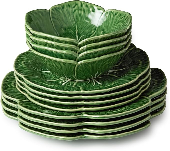Le Jardin Green Cabbage Plates 12-Piece SET, SERVICE FOR 4 – Green Stoneware Plates & Bowls wit... | Amazon (US)