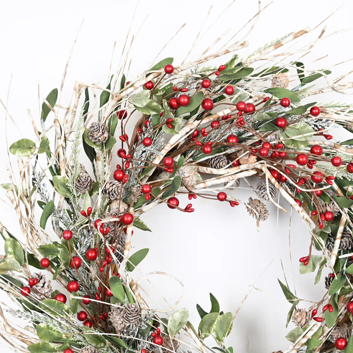 24" Artificial Farmhouse Leafage Berry Birch Pinecone Christmas Day Winter Wreath For Front Door | Wayfair North America