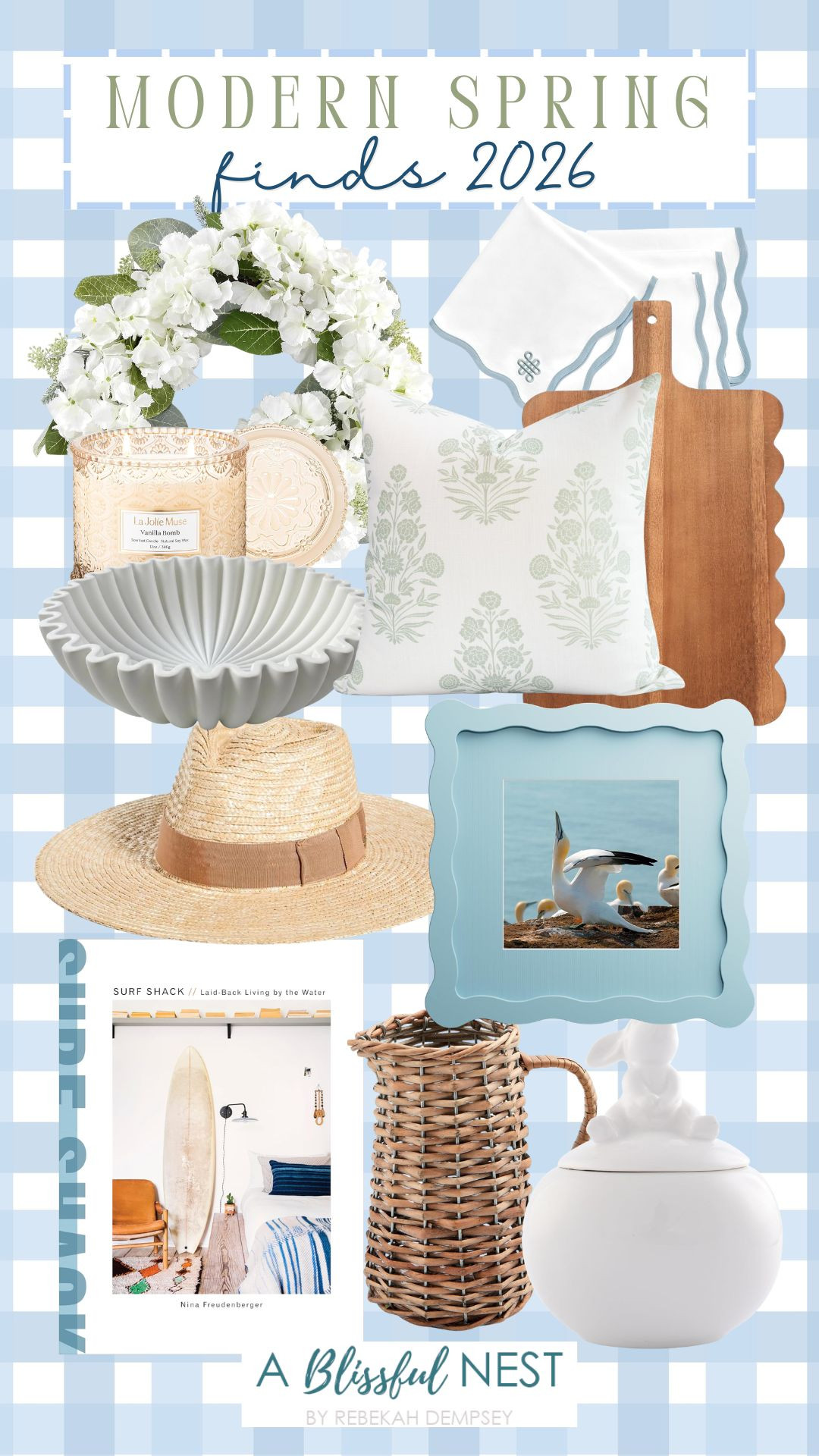 Fresh seasonal finds that add color and texture to your home. See more.
artificial wreath, printed linen throw pillow, scented candle, Joanna straw hat, wavy edge wooden photo frame, decorative book, white stoneware sugar bowl, coastal cotton cloth napkins, Mud Pie willow pitcher, scalloped shaped wood cutting board, ribbed decorative bowl 

 #LTKSeasonal #LTKHome
