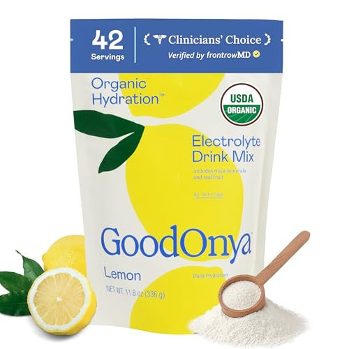 GoodOnya Organic Hydration Electrolyte Drink Mix, Certified Organic Hydration Powder, Non-GMO, Biochecked Glyphosate Free, Low Sugar, Lemonade Flavor, No Artificial Flavors, 42 Servings | Amazon (US)
