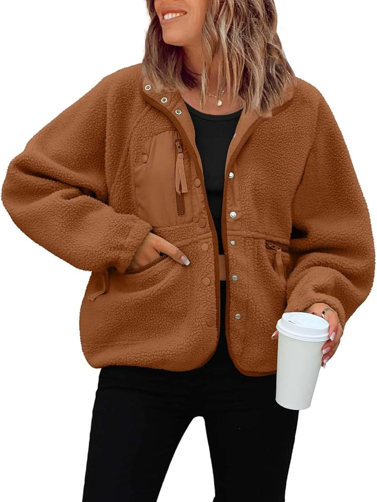 ReachMe Womens Casual Lapel Long Sleeve Sherpa Jacket Button Down Fuzzy Fleece Coat Winter Y2K Ou... | Amazon (US)