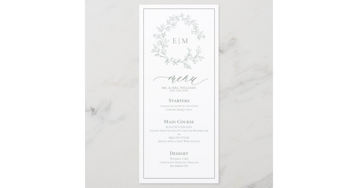 Sage Green Leafy Crest Monogram Wedding Menu | Zazzle | Zazzle