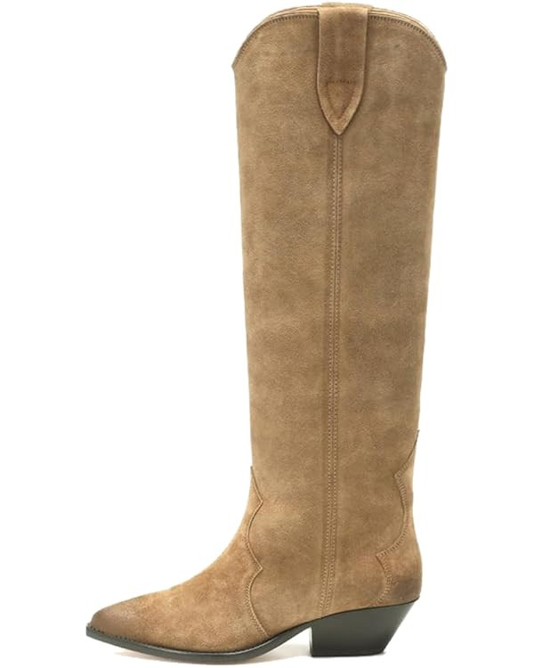 YIYA Women's Western Suede Cowboy Knee High Boots Classic Pointed Toe Chunky Low Heels Cowgirl Pu... | Amazon (US)