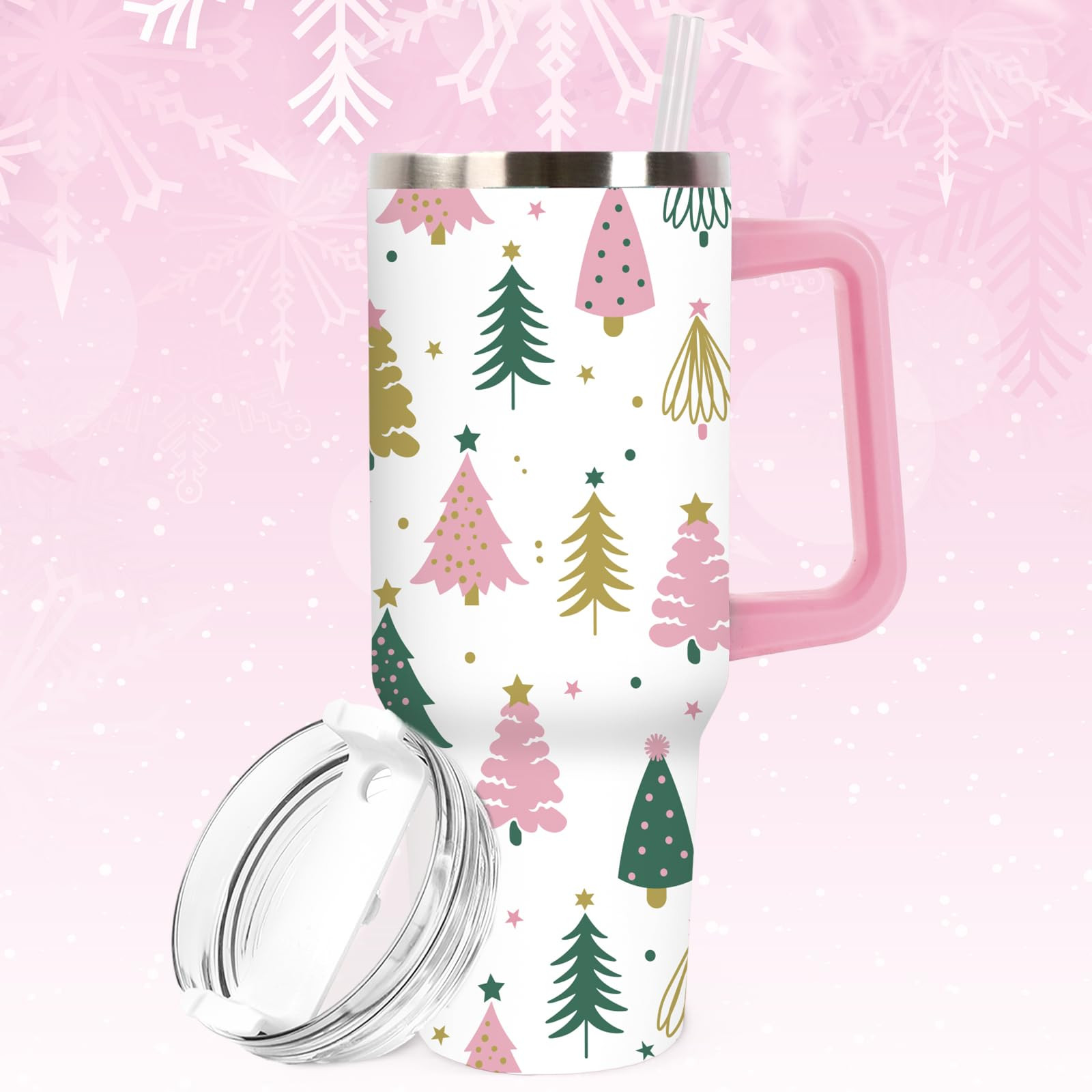 Christmas Tumbler with Handle 40oz Boho Christmas Tree Tumbler with Lid Straw Pink Green Xmas Win... | Amazon (US)