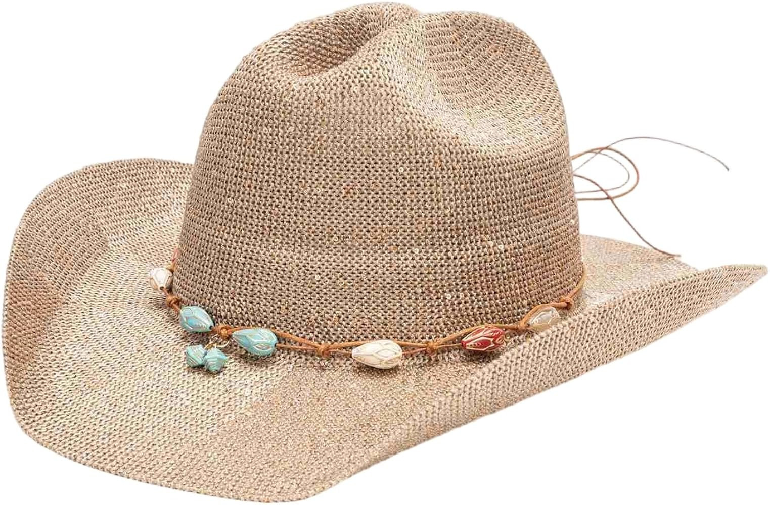 Western Style Cowgirl Hat Stylish Sequin Beaded Belt Decorated Wide Brimmed Straw Cap for Men Wom... | Amazon (US)