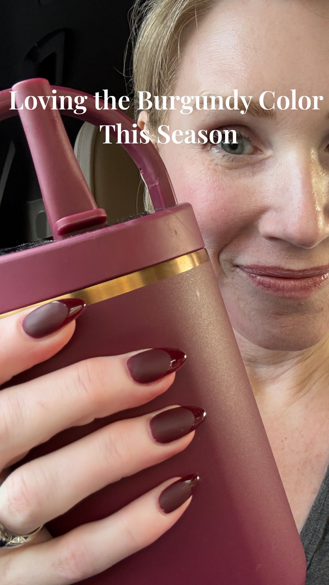 I’m already feeling the holiday season, but I’m loving this burgundy red color for my Hydro flask, my purse and my nails! 